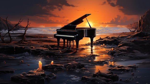 Photo sur la plage au coucher du soleil un piano noir fond dans une peinture surréaliste