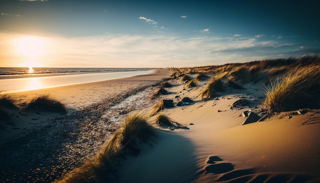 Une plage au coucher du soleil avec le soleil couchant derrière elle