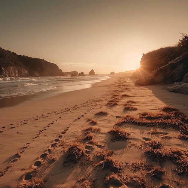 Une plage au coucher du soleil avec le soleil couchant derrière elle