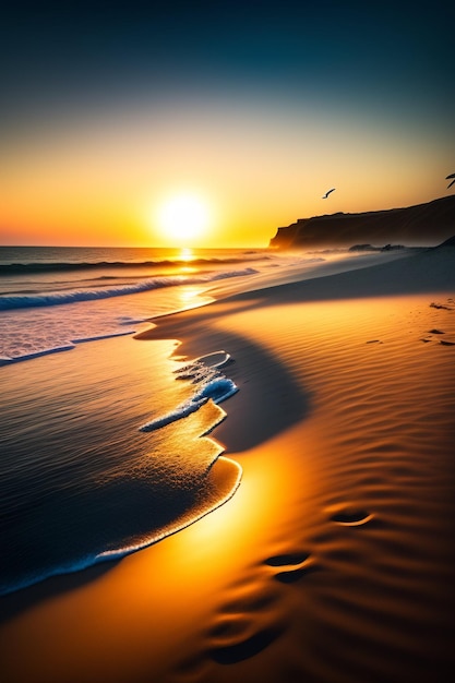 Photo une plage au coucher du soleil avec le soleil couchant sur l'océan.