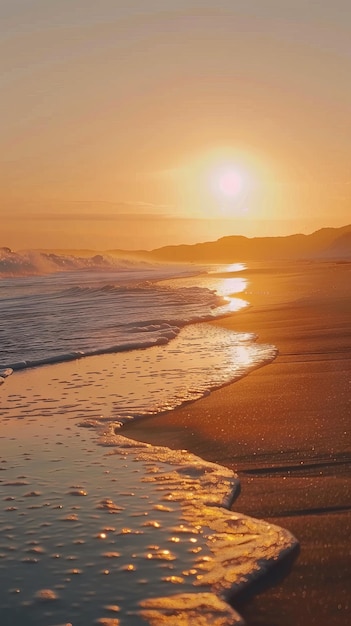 Une plage au coucher du soleil avec des vagues et du soleil