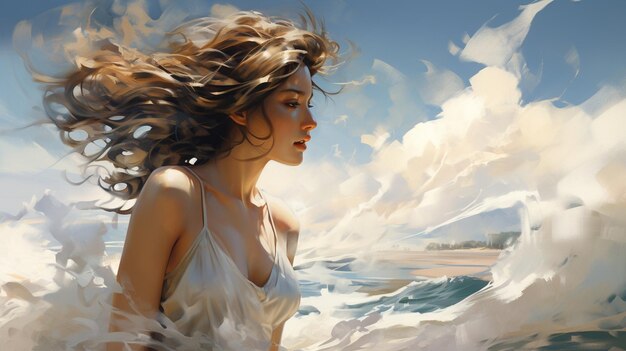 Photo sur une plage balayée par le vent, les cheveux d'une femme dansent dans la brise, reflétant le mouvement des vagues.