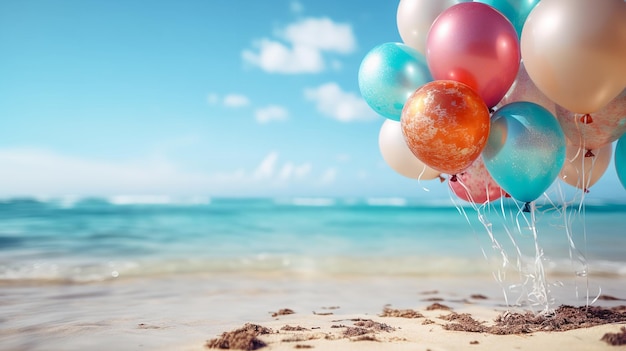 Sur la plage, des ballons vifs s'envolent dans un contexte de joie et de vœux d'anniversaire avec l'espace de copie de l'IA générative