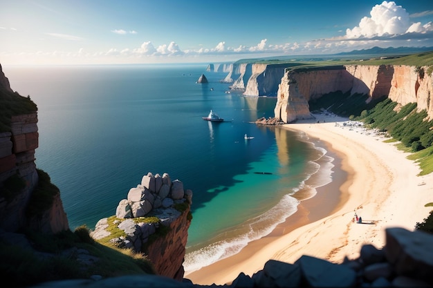 Une plage avec un bateau au loin