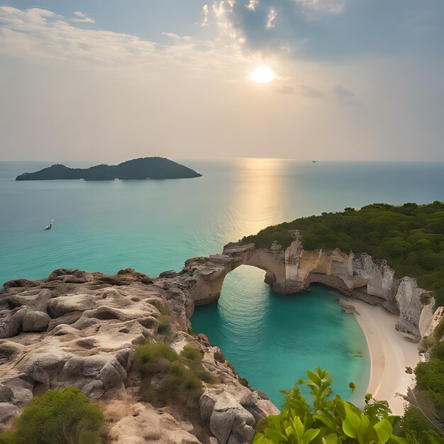 Photo une plage avec un bateau dans l'eau et un soleil qui se couche derrière elle