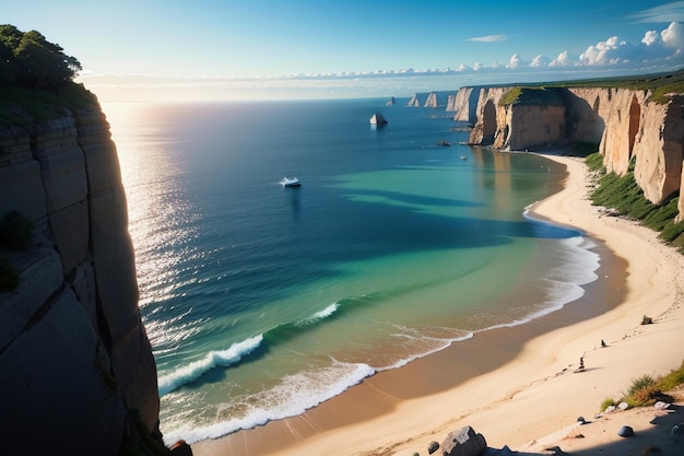 Une plage avec un bateau dans l'eau