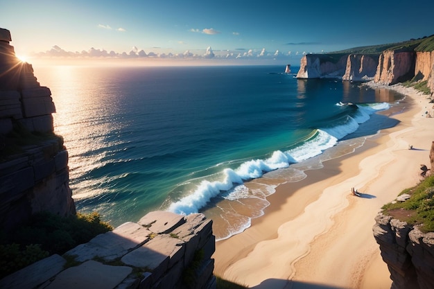 Une plage avec un bateau dessus et l'océan en arrière-plan.