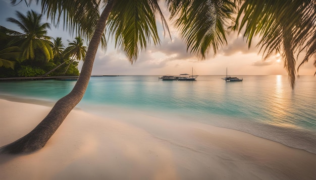 une plage avec des bateaux et des palmiers en arrière-plan
