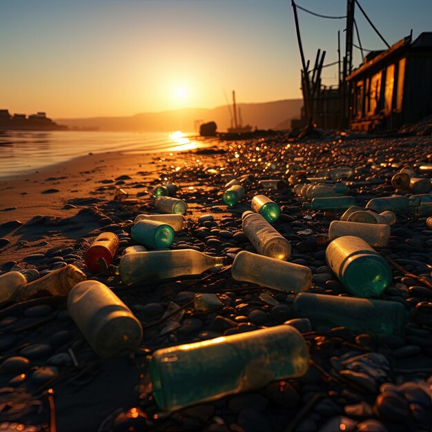 Photo une plage avec beaucoup de bouteilles et un coucher de soleil en arrière-plan