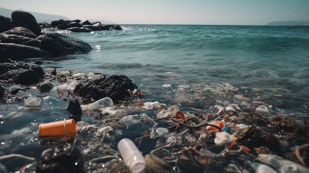 Une plage avec beaucoup de déchets plastiques et un océan bleu en arrière-plan