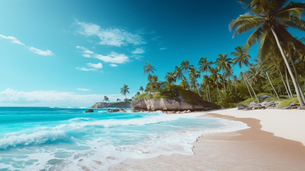 Plage avec de beaux palmiers côtiers et des caribes