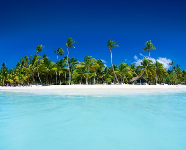 Plage et belle mer tropicale. Mer d'été des Caraïbes avec de l'eau bleue. Nuages blancs sur un ciel bleu sur la mer d'été. Détendez-vous sur la mer tropicale.