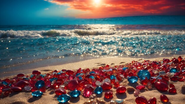 Photo une plage de bijoux scintillante avec un fond de ciel coloré