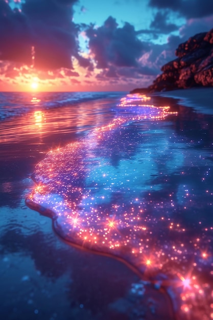Photo plage bleue claire couverte de verre brillant coloré fluorescente océan lumière de lune étoiles étincelantes