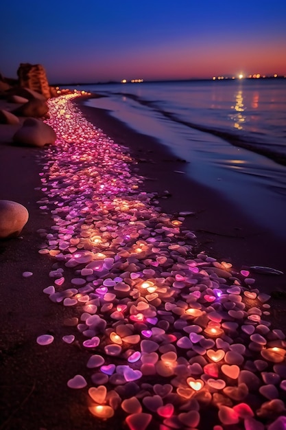 Une plage avec des bougies et des coquillages sur la plage