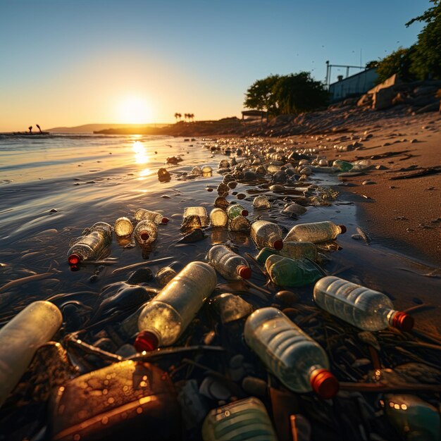 Photo une plage avec des bouteilles et le mot coca-cola dessus