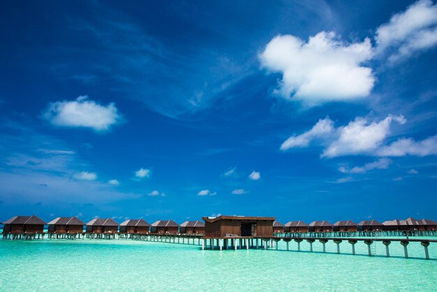 Plage avec bungalows sur l&#39;eau aux Maldives