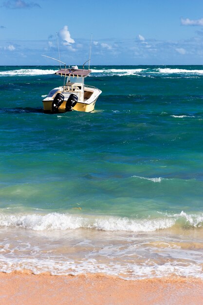 Plage des Caraïbes avec bateau sur la mer en été