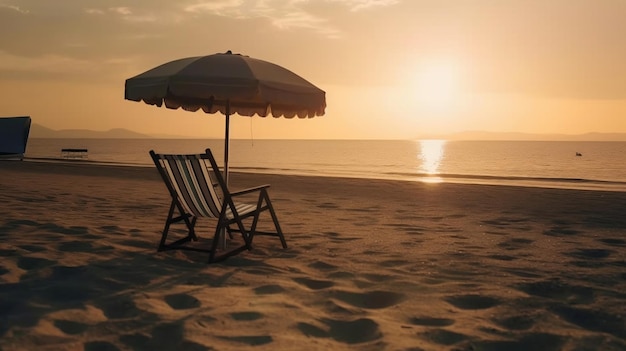 Une plage avec une chaise longue et un parasol dessus