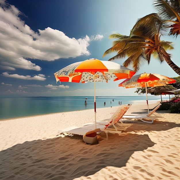 Photo plage avec des chaises longues et un parapluie au coucher du soleil