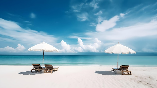 Une plage avec chaises longues et parasols