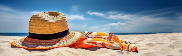 Une plage avec un chapeau et une serviette dessus