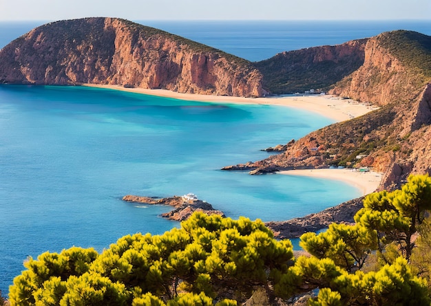 Photo une plage avec un ciel bleu et des arbres au premier plan