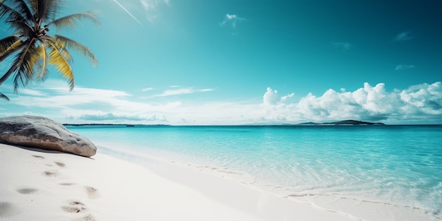 Une plage avec un ciel bleu et un couple au premier plan