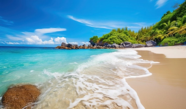 Une plage avec un ciel bleu et du sable blanc