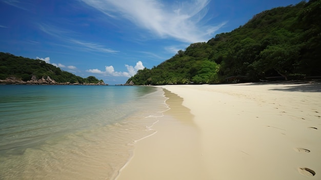 Une plage avec un ciel bleu et du sable blanc