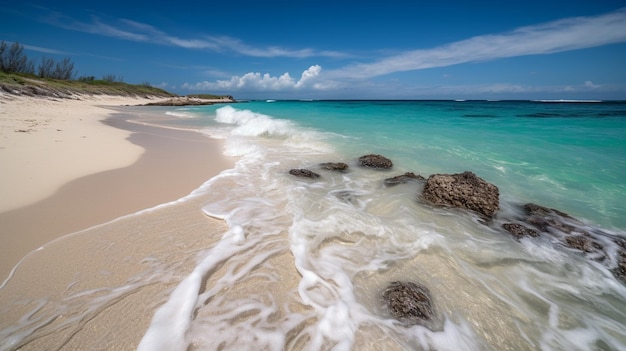 Une plage avec un ciel bleu et du sable blanc