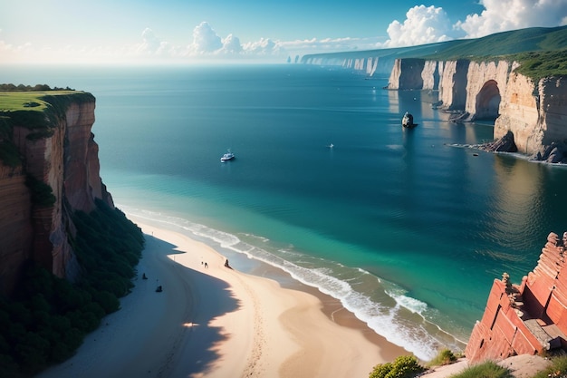 Une plage avec un ciel bleu et une falaise en arrière-plan