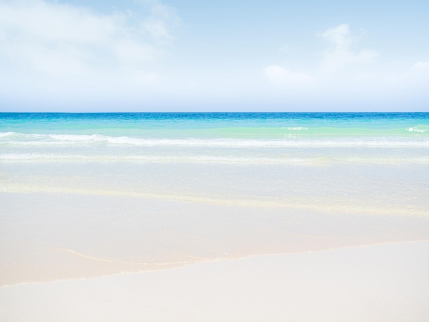 Une plage avec un ciel bleu et des nuages blancs