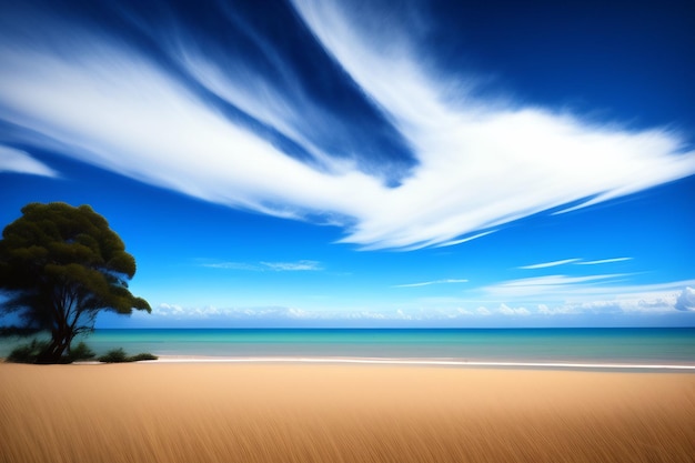 Une plage avec un ciel bleu et des nuages
