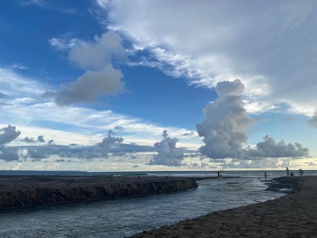 Une plage avec un ciel bleu et des nuages