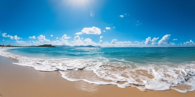 Une plage avec un ciel bleu et l'océan en arrière-plan