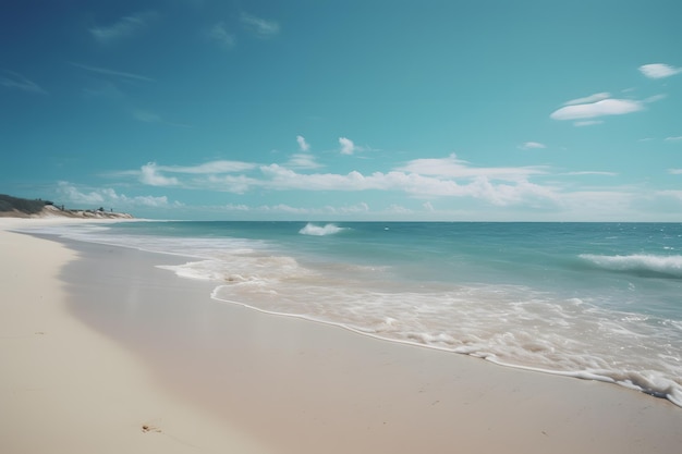 Une plage avec un ciel bleu et une plage de sable blanc avec un bâtiment en arrière-plan.