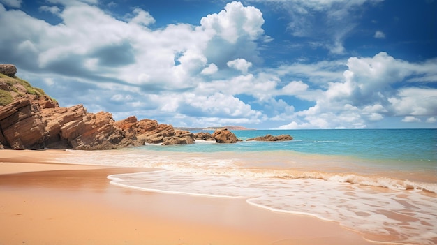 plage ciel nuageux mer calme grands rochers sable orange eau claire