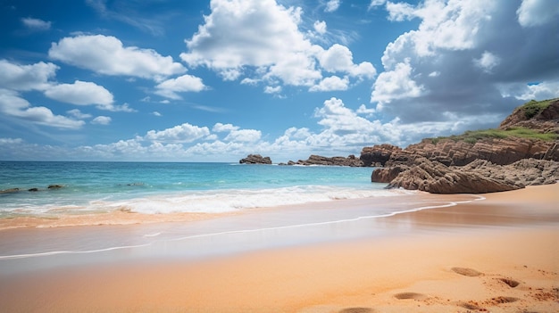 plage ciel nuageux mer calme grands rochers sable orange eau claire