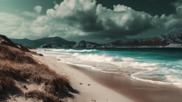 Une plage avec un ciel nuageux et un phare à l'horizon.