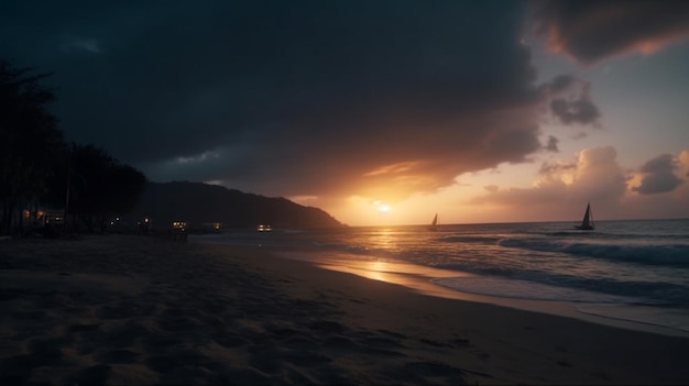 Une plage avec un ciel sombre et un coucher de soleil avec quelques nuages