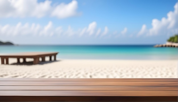 Photo plage et ciel avec table en bois