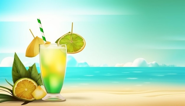 Une plage avec un cocktail et une paille