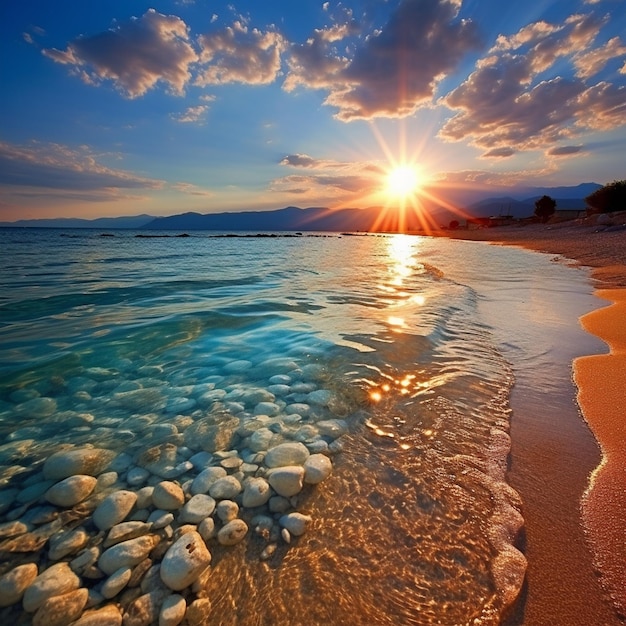 Une plage avec des cocotiers et de l'eau claire au coucher du soleil.