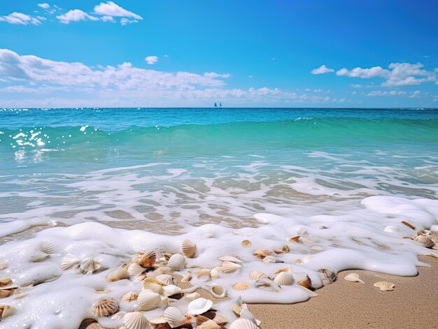 une plage avec des coquillages de mer et un ciel avec un voilier en arrière-plan