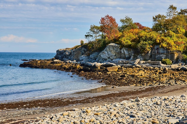Plage côtière rocheuse dans le Maine avec vagues douces et forêt d'automne