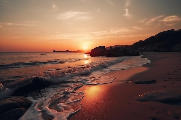 Une plage avec un coucher de soleil en arrière-plan