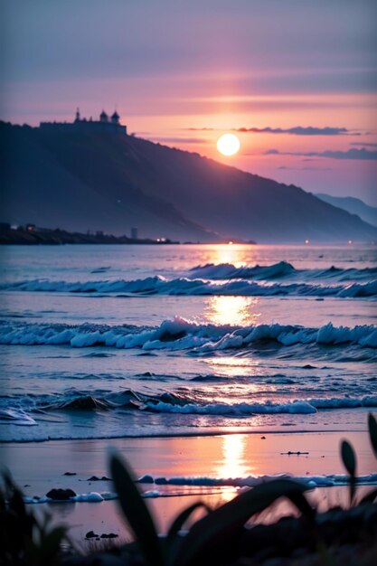 Une plage avec un coucher de soleil en arrière-plan