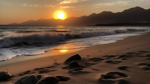 Une plage avec un coucher de soleil en arrière-plan