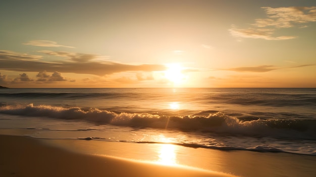 Une plage avec un coucher de soleil en arrière-plan